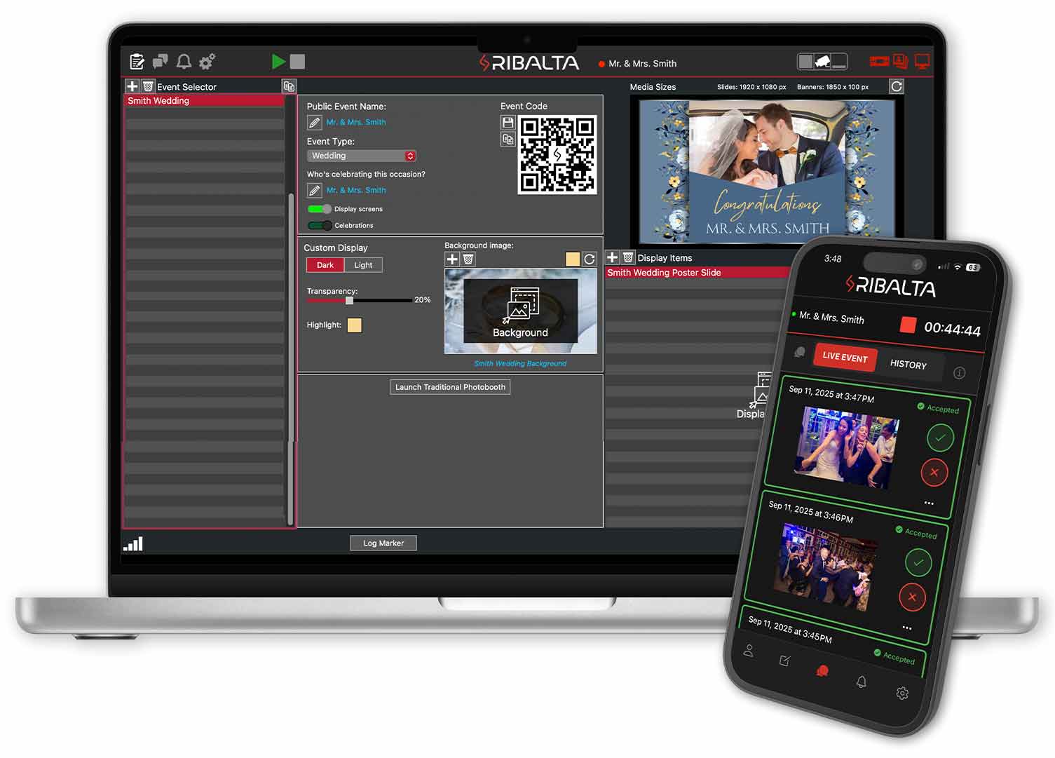 Ribalta live sharing event app displayed by host on desktop and phone